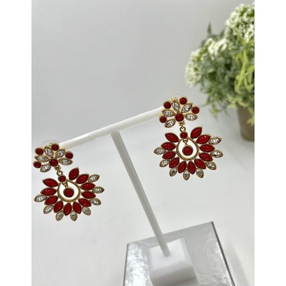 Amrita Singh Red Cabochon and Rhinestone Sunburst Chandelier Earrings - Picture 7 of 15